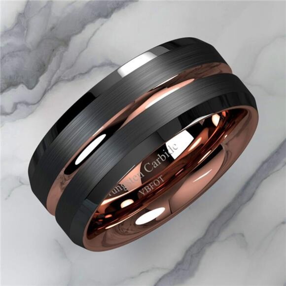 Men's Black Brushed Rose Gold Wedding Band Ring - Men's Wedding Rings - Picture 4 of 9
